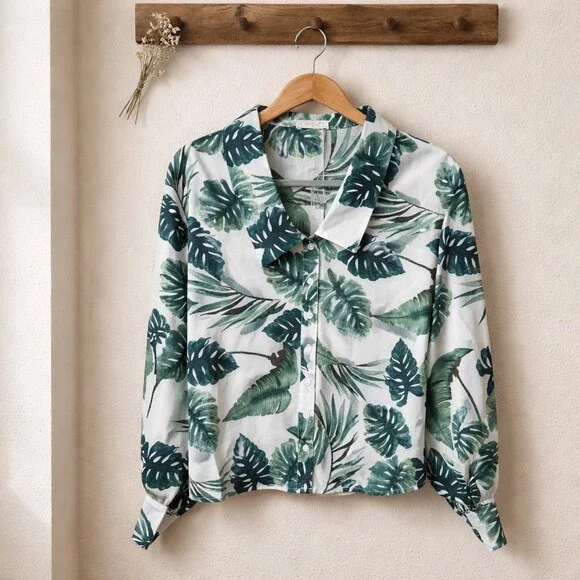 Mulla 2pc Outfit Set Womens small Multicolor Tropical Leaf Shirt wide leg Pants - Picture 7 of 8